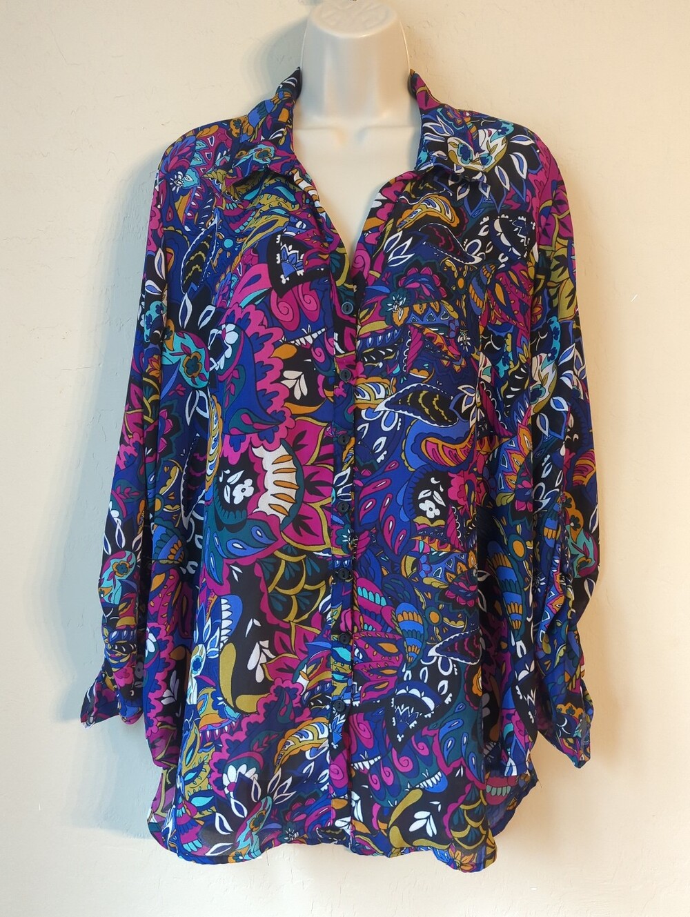 Melissa Paige Blouse Plus Size I Paisley RollTab Sleeve Button Up Multicolor